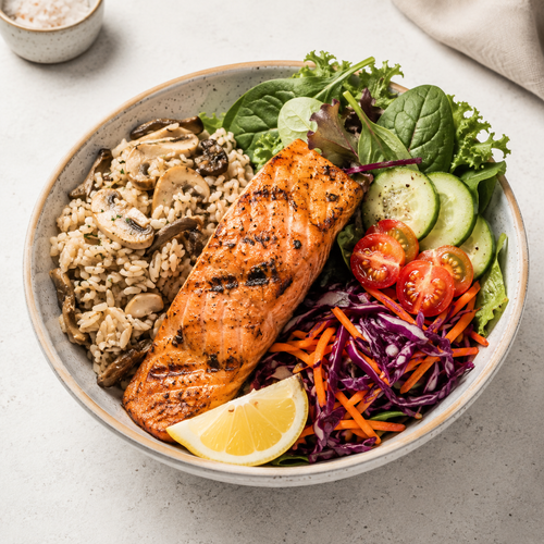 Grilled Salmon Bowl — Rice & Salad