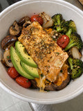 Sweet potato bowl with grilled salmon, avocado and vegetables at Renew at Raspitality